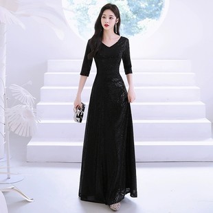 直销黑色高弹闪亮年会主持成人礼服日常表演合唱演出指挥女长款连