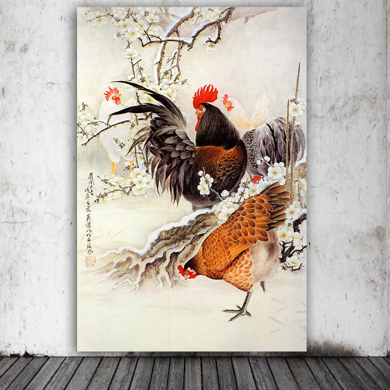 欧零鸡鸣富贵国画公鸡海报自粘贴纸画平安吉祥金鸡报喜玄关装饰画图片
