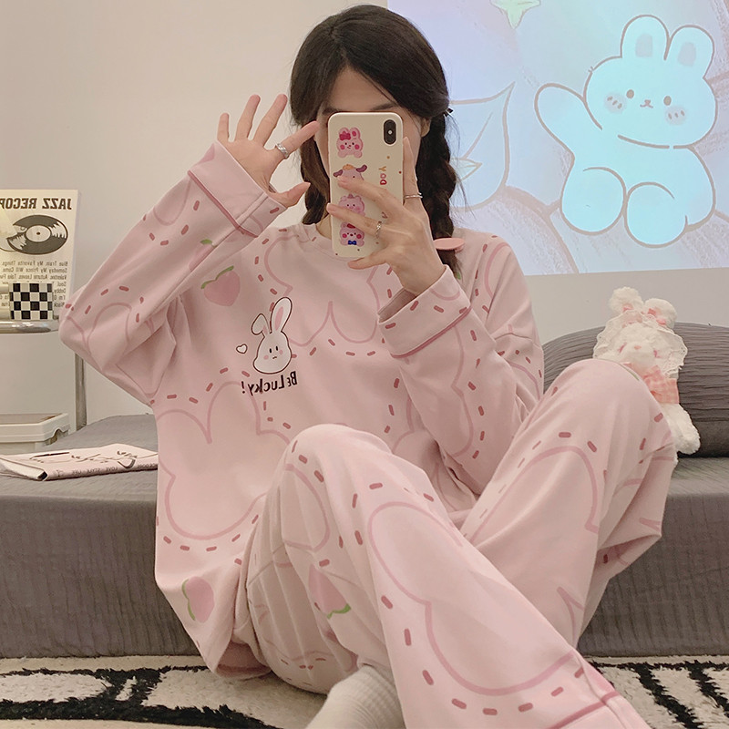 新品春秋季睡衣女款纯棉学生可爱大码长袖套装可外穿卡通夏冬天家