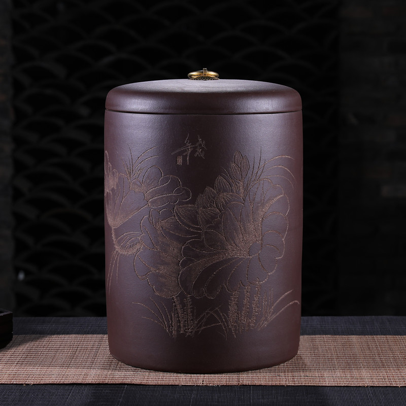 宜兴批发大号茶饼10-12茶叶罐装紫砂缸普洱密封存储陶罐定制logo