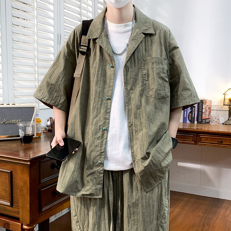好货夏季短袖衬衫套装男大码宽松加肥加大码一套搭配胖子长裤两件