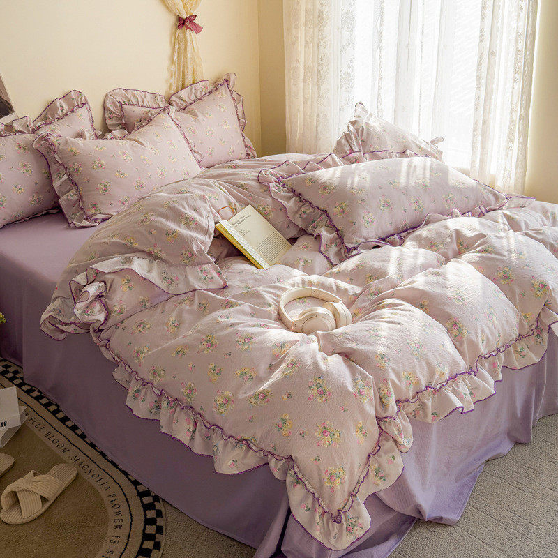 新款韩式ins荷叶边双层纱四件套被套提花针织床单学生宿舍三件套,床上用品,床品套件/四件套/多件套,淘宝优惠券,粉丝福利购,淘宝优惠卷
