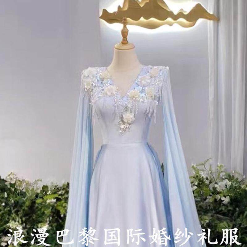 直销蓝色缎面长袖古筝礼服20
