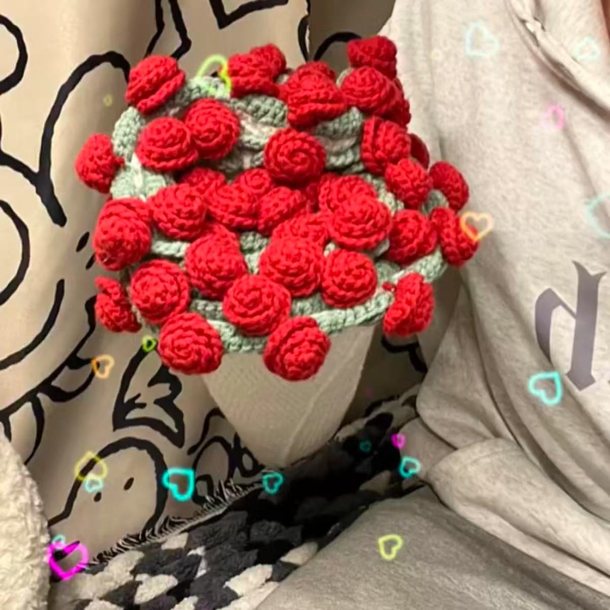 花束毯子手工编织diy材料包毛线编织钩织红玫瑰花朵毛毯送女朋友