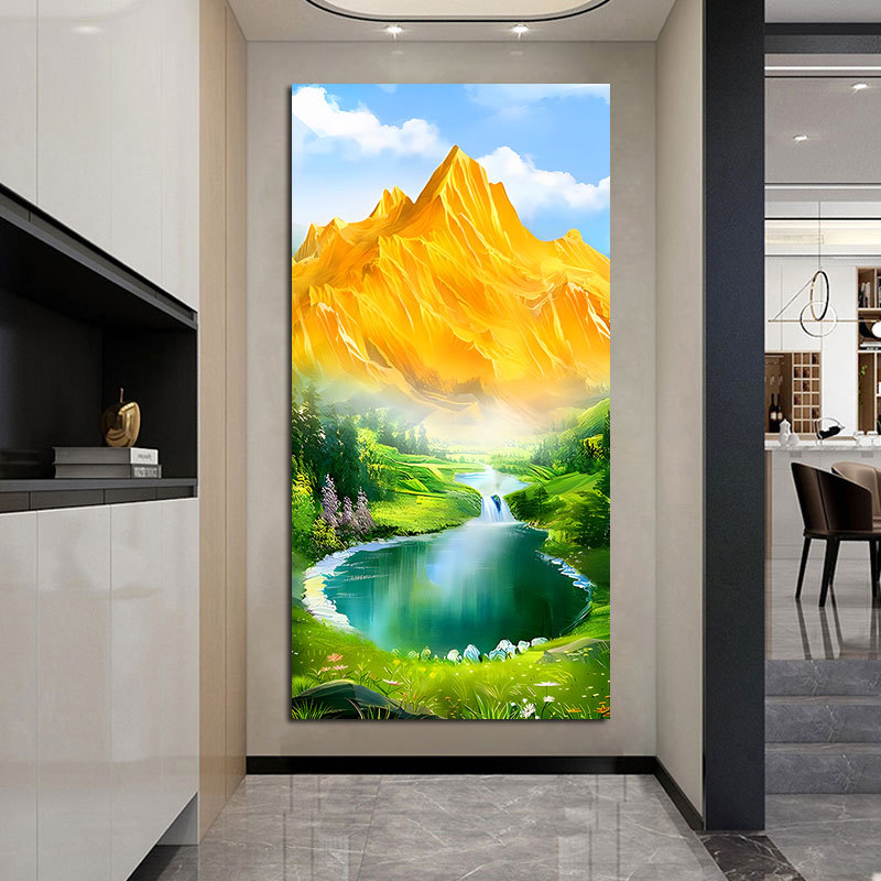 聚宝盆入户玄关装饰画富水金山靠山图墙贴画油画山水风景自粘壁画