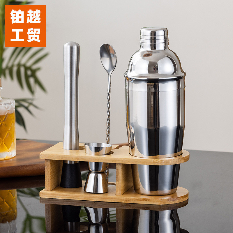 跨境直供新款不锈钢调酒器套装竹架调酒器工具4件套 LOGO可印刷