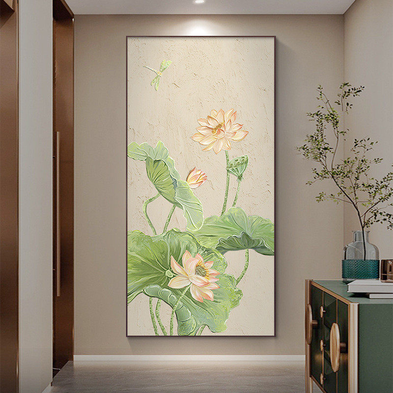 玄关道牡丹竖版中式挂画入户过肌理走廊装饰画幻画玄新壁画画客厅