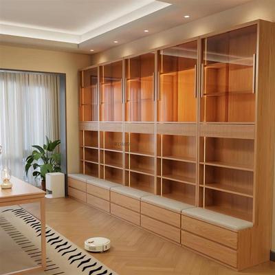 原木客厅樱桃木书柜中古风全实木带卡座书橱定制客厅满墙书柜书架