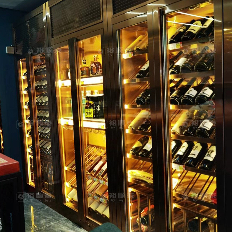 酒店定作厂家餐厅酒窖落地红酒展示柜轻奢不锈钢恒温恒湿酒柜