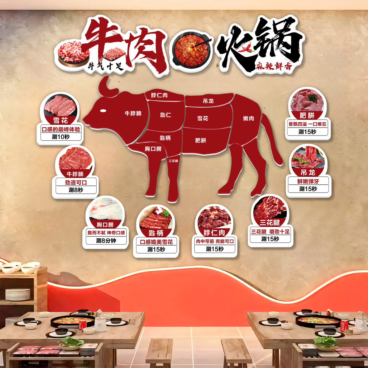 火锅店墙面装饰挂画牛肉餐饮饭店市井创意氛围布置背景形象墙贴纸图片