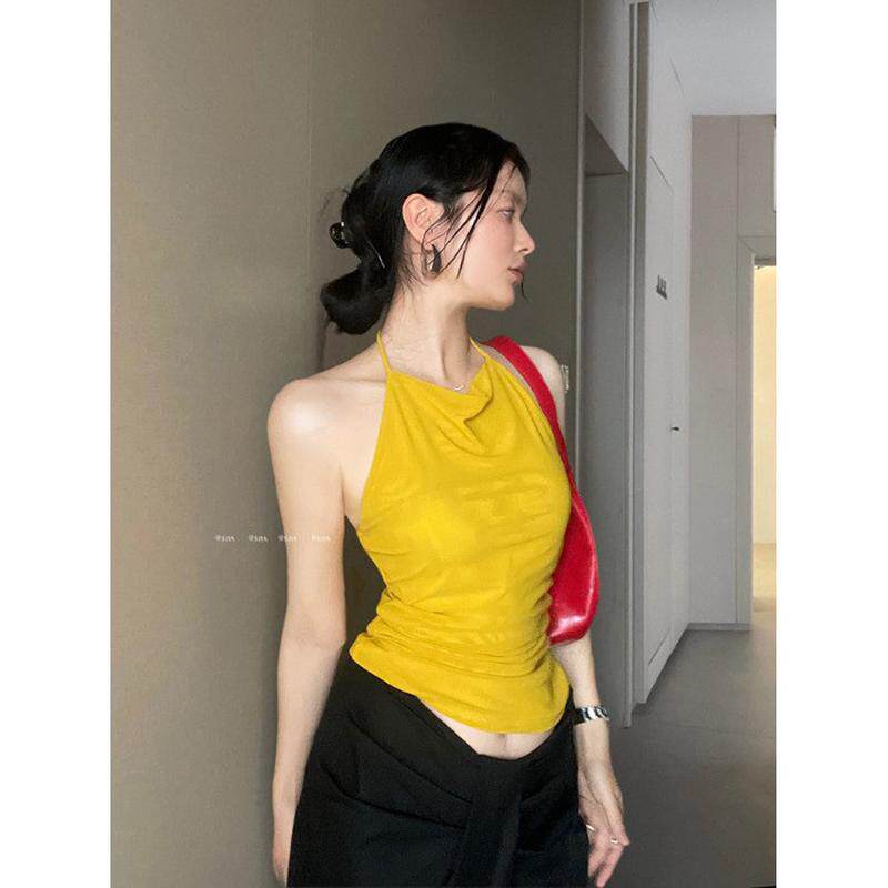 姜黄色性感美背挂脖吊带背心女夏季修身内搭辣妹无袖外穿短款上衣
