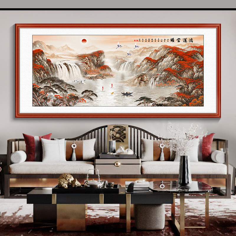 鸿运当头挂画新中式客厅沙发背景墙装饰画国画聚宝盆山水画办公室