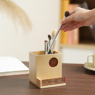 名片座笔筒实木前台桌面创意木质笔座摆台男女商务大容量收纳盒
