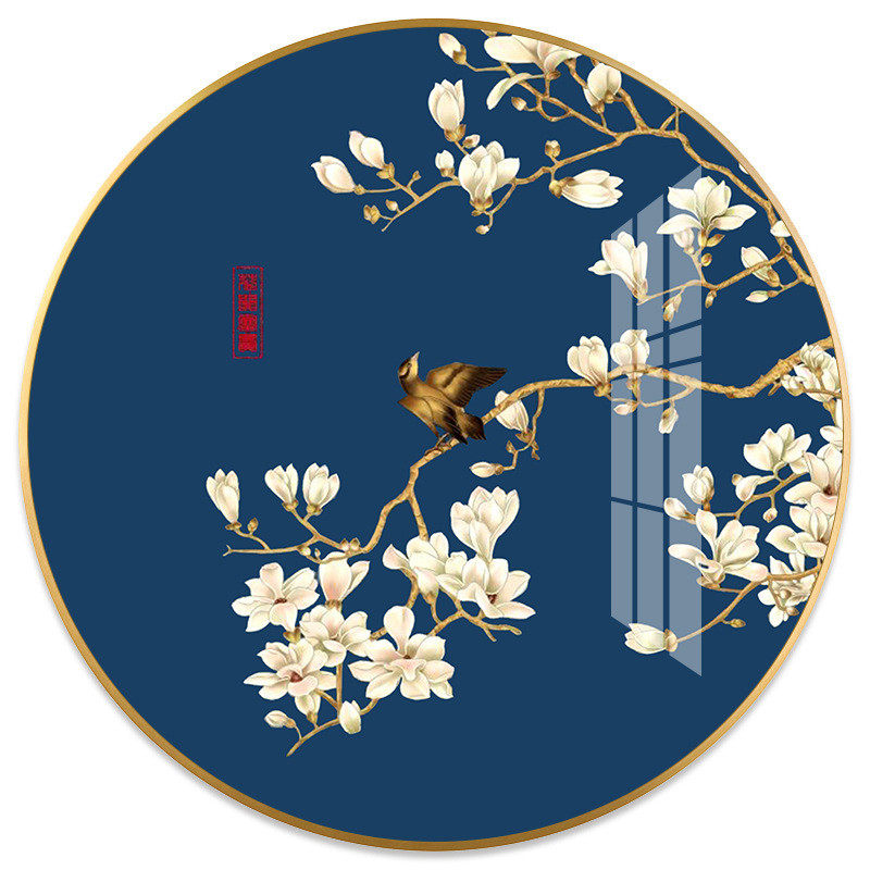 入户走廊玄关装饰画挂画圆形新中式晶瓷画轻奢山水餐厅现代背景画