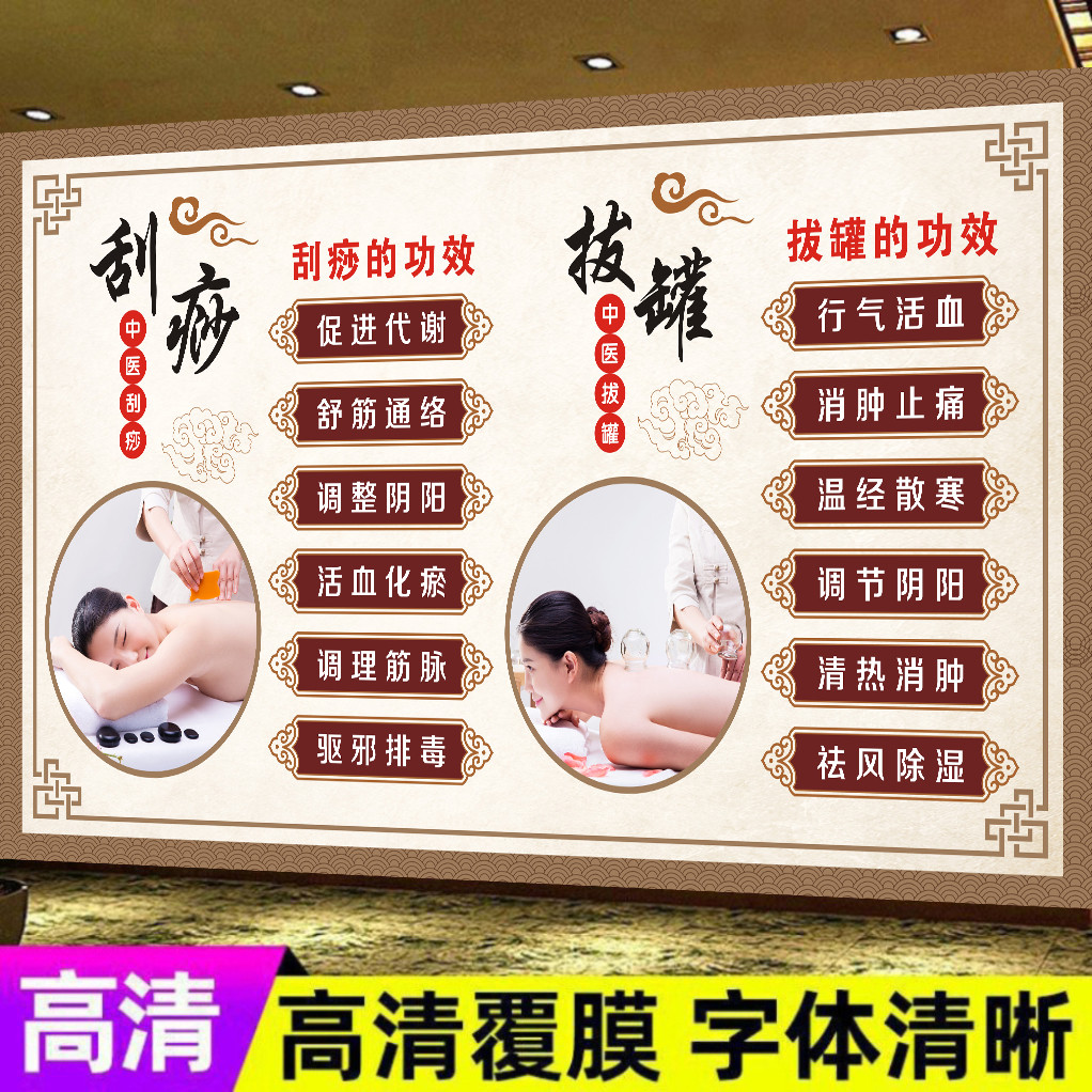 养生馆刮痧拔罐按摩足疗海报中医艾灸养生装饰背景墙自粘广告贴画