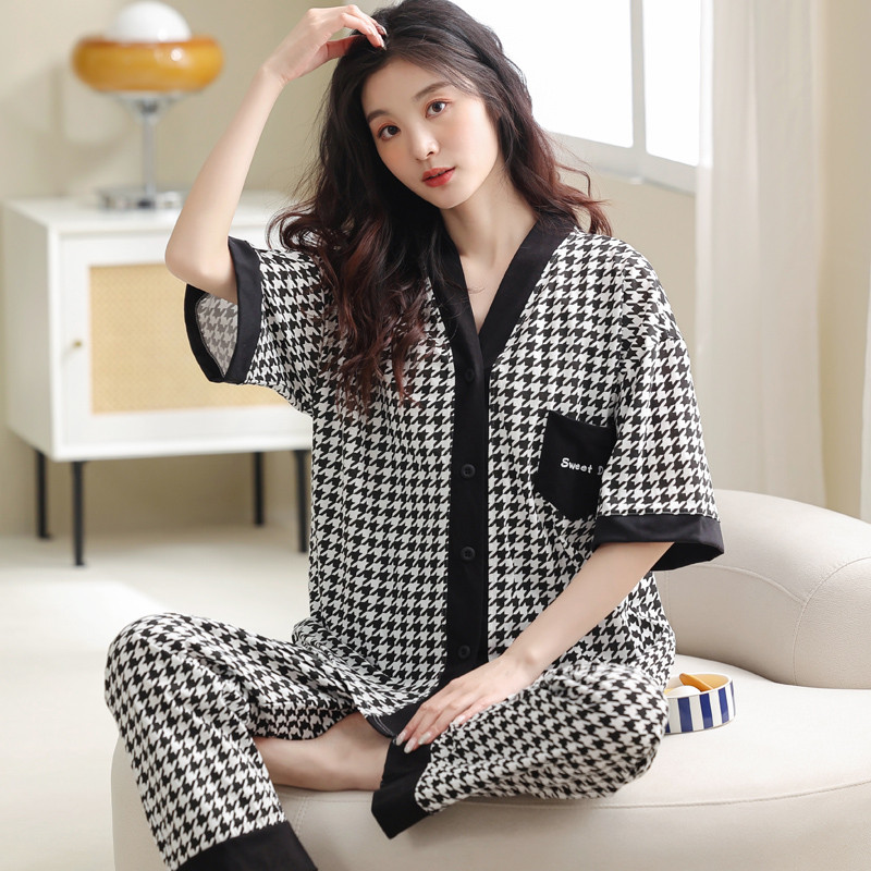 新品睡衣女士夏天纯棉韩版宽松短袖长裤薄款套装开衫和服春秋季家