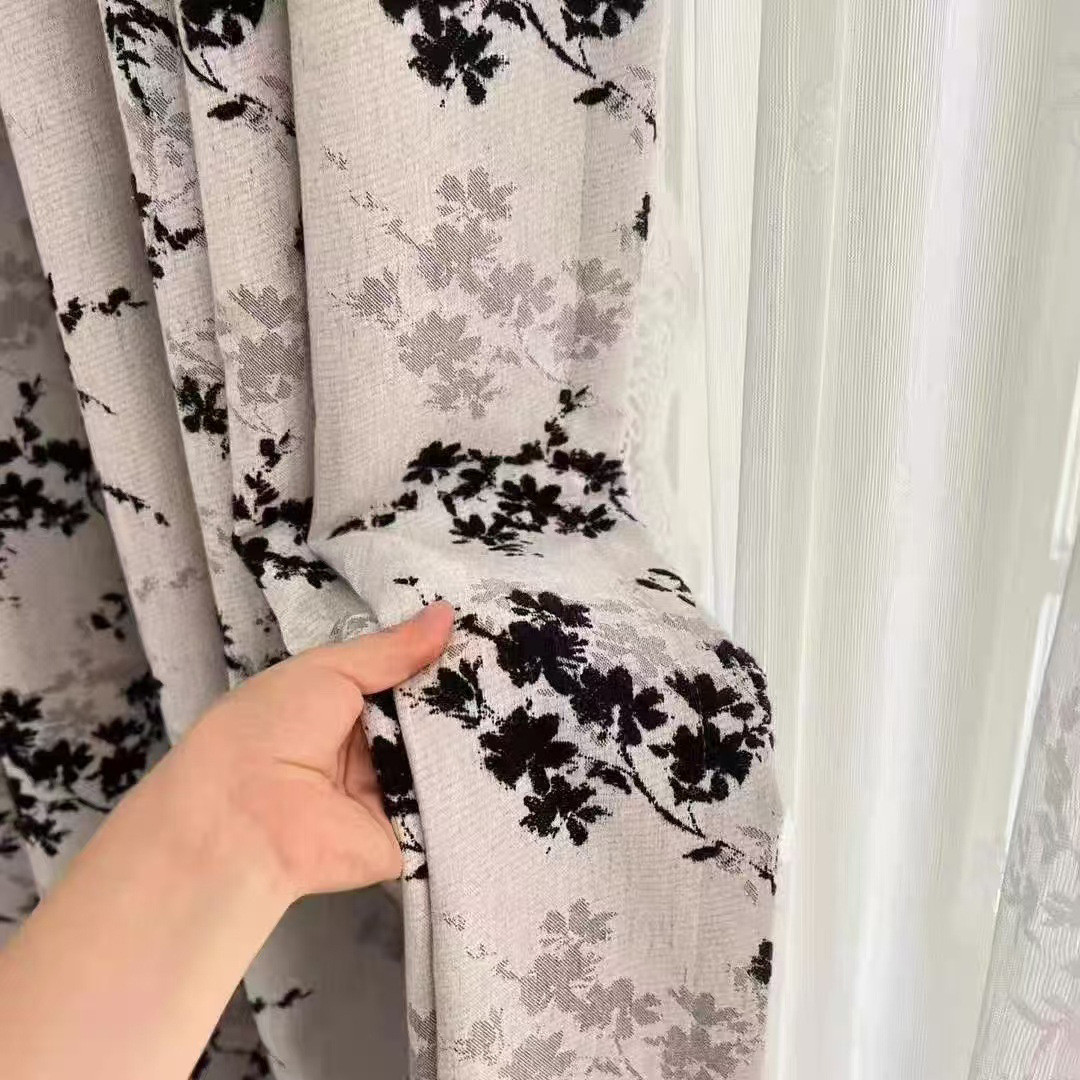 雪尼尔黑白水墨画法式提花窗帘面料圈圈绒沙发抱枕套椅凳垫布料