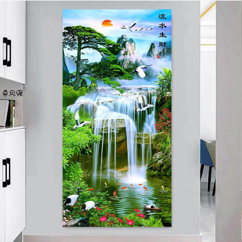 墙纸自粘流水生财玄关贴画墙贴山水风景装饰画过道走廊中式装饰画