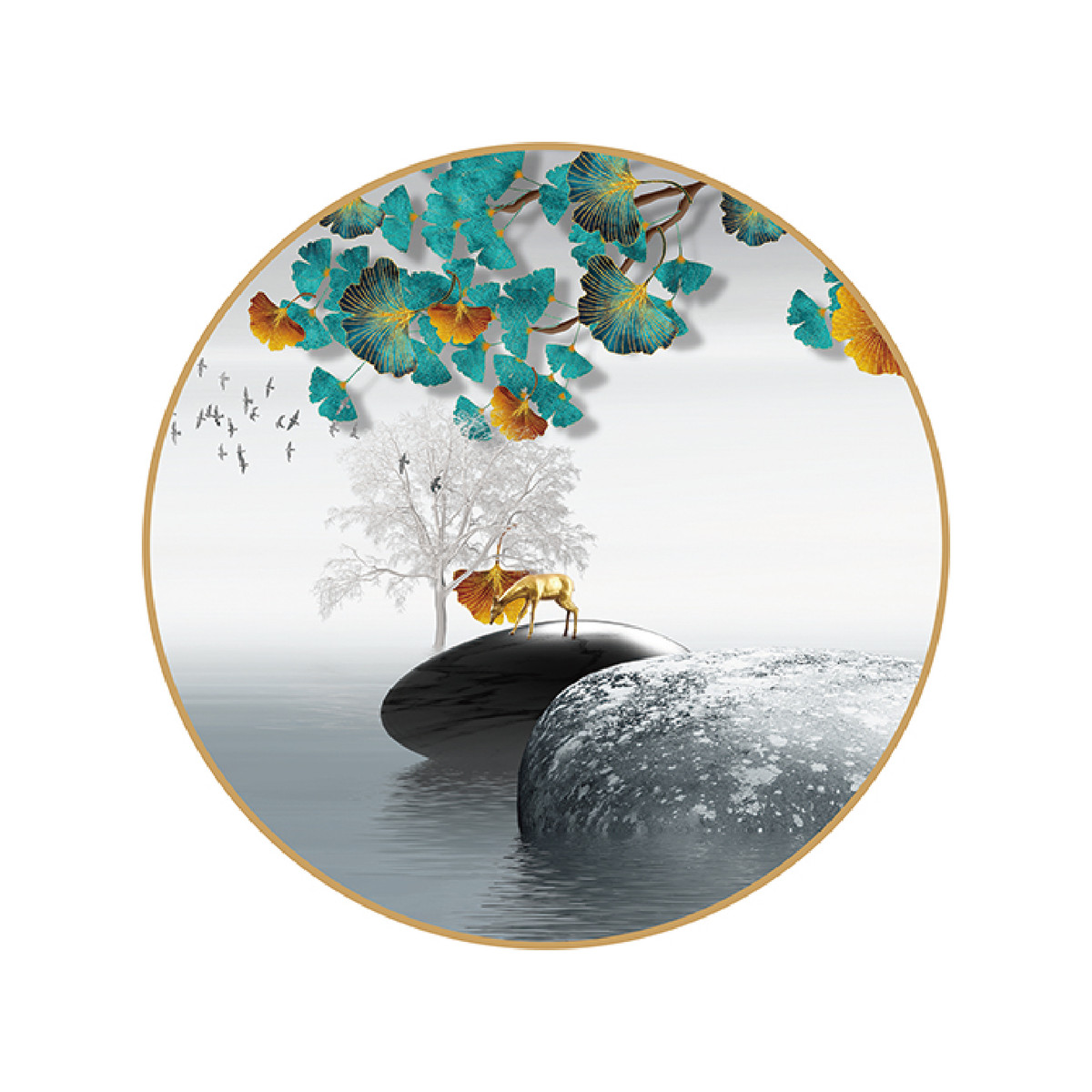 圆形自粘画装饰画九鱼图石来运转金山玄关走廊客厅衣柜墙面美化图片