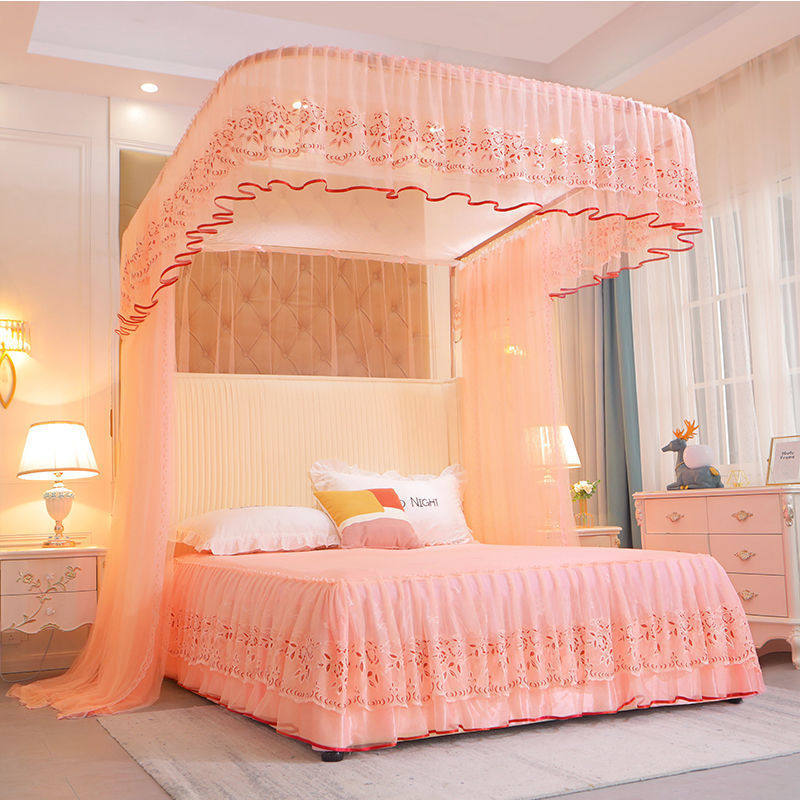 u型轨道婚庆双人家用卧室公主风落地加厚导轨三开门加密蚊帐纹帐