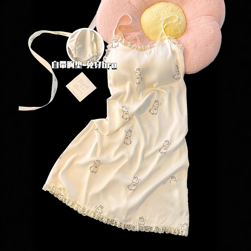 冰丝绸家居服新款2025女款性感卡通夏天睡衣带胸垫小吊带睡裙夏季