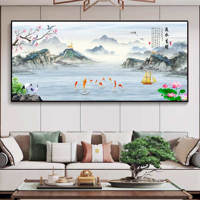 流水生财山水风景画墙贴壁画纸客厅背景墙装饰画新中式自粘海报