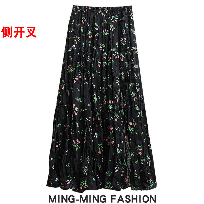 设计感开叉黑色碎花雪纺夏季女2025秋款小个子百褶