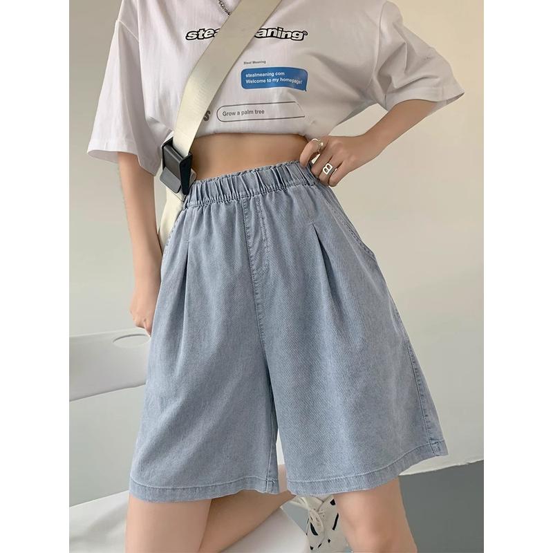 天丝牛仔短裤女夏季薄款2025新款宽松直筒大码显瘦夏天阔腿五分裤