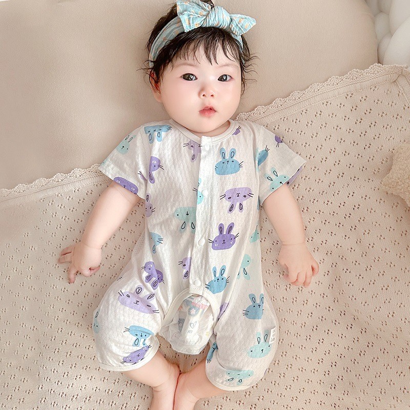 宝宝开裆连体衣夏季短袖薄款婴儿爬爬服初生儿夏款哈衣新生儿衣服