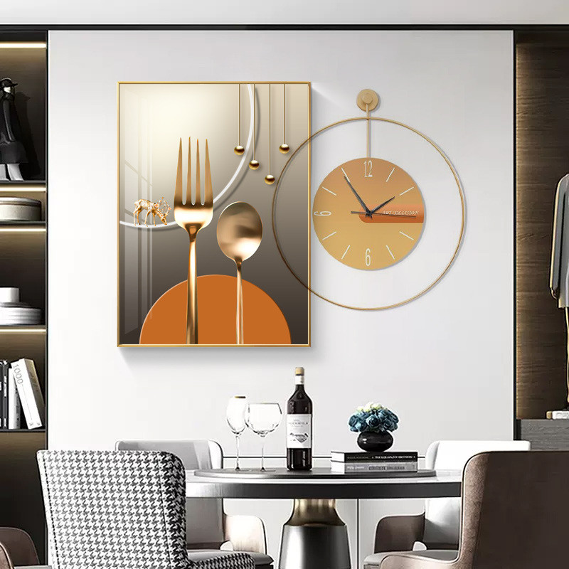 轻奢餐厅装饰画挂画饭厅钟表现代简约几何酒杯客厅餐桌背景墙壁画
