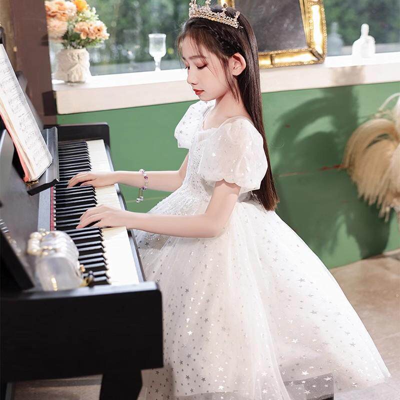 儿童礼服公主裙小女孩主持人夏季白色花童婚纱女童钢琴演奏演出服
