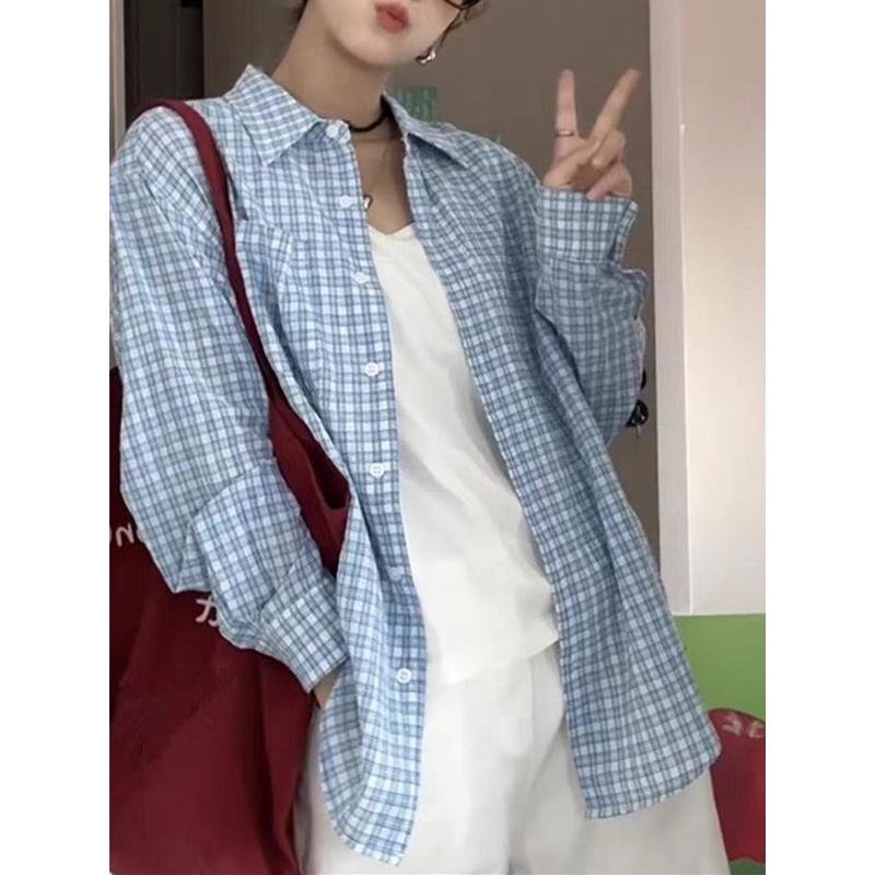 韩系蓝色格子长袖女式衬衫防晒春夏季新款宽松百搭设计感衬衣外套