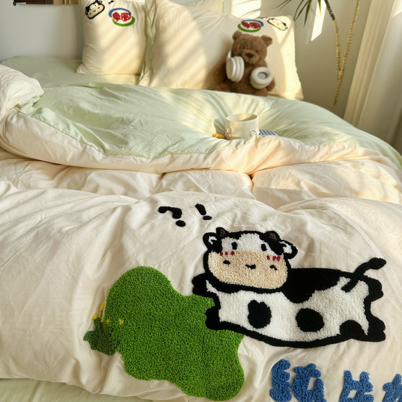 ins水洗棉四件套2025新款磨毛床单被套床上用品学生宿舍三件套