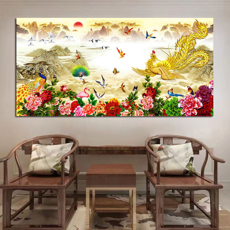 花开富贵孔雀贴画金凤凰招财风水百鸟朝凤吉祥客厅玄关背景墙壁画