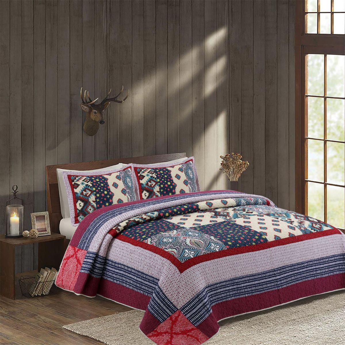 欧美拼接款绗缝水洗棉被床盖三件套绗缝床盖拼接混色款绗缝被