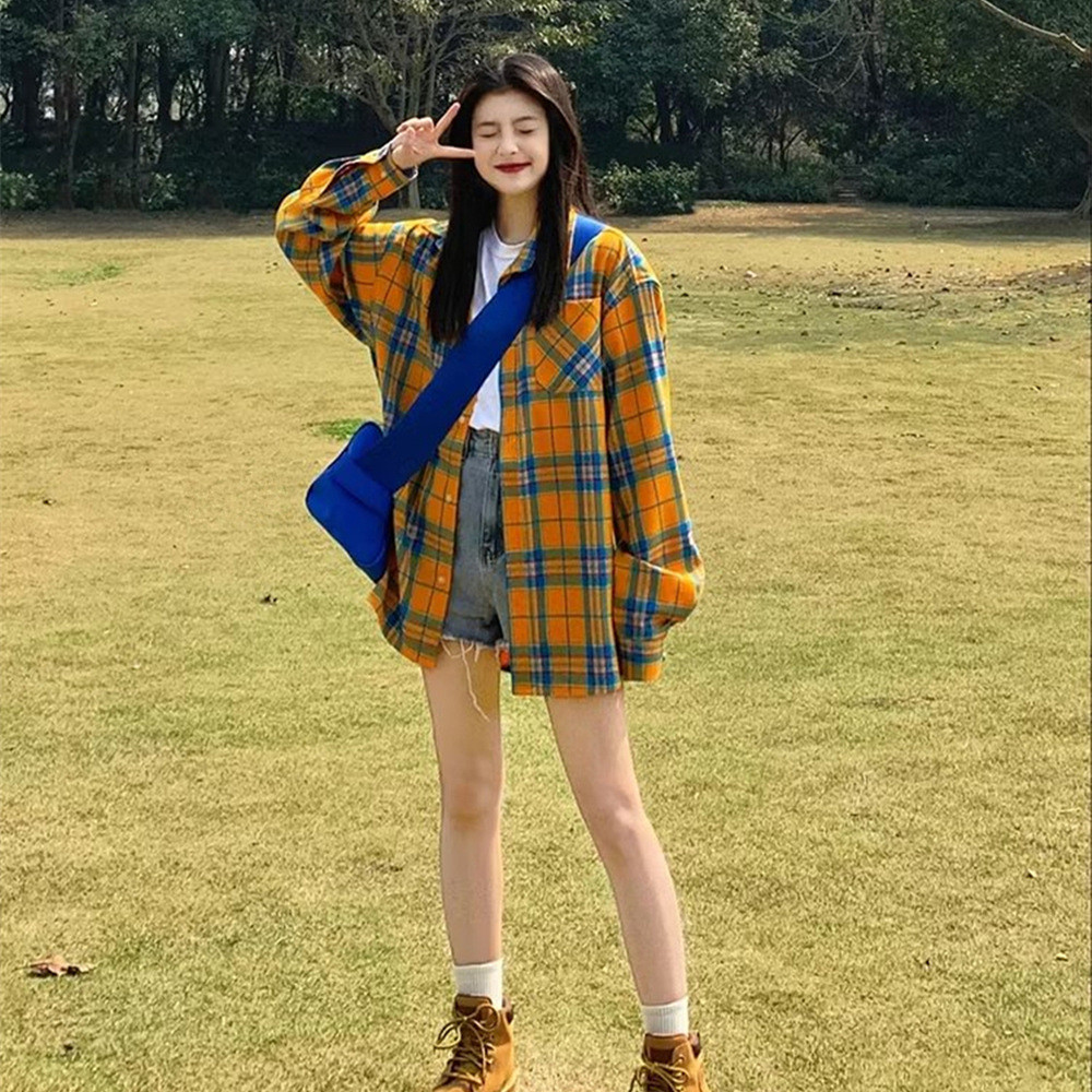 法式黄色格子衬衫女款夏季开衫外搭宽松长袖薄款防晒衬衣外套上衣