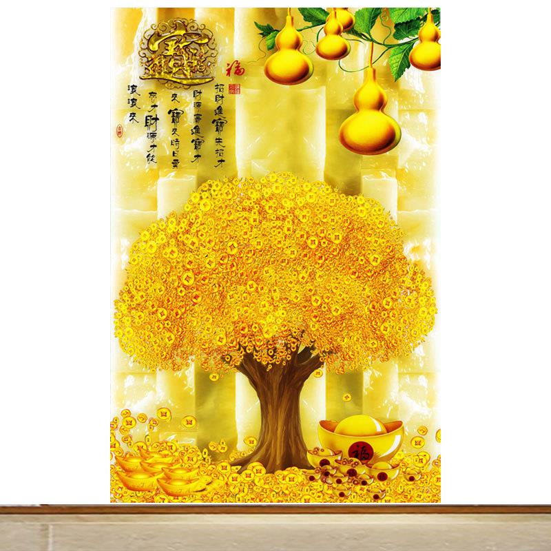 金元宝竖版摇钱树装饰壁画发财树招财进宝办公室背景墙自粘贴纸画图片