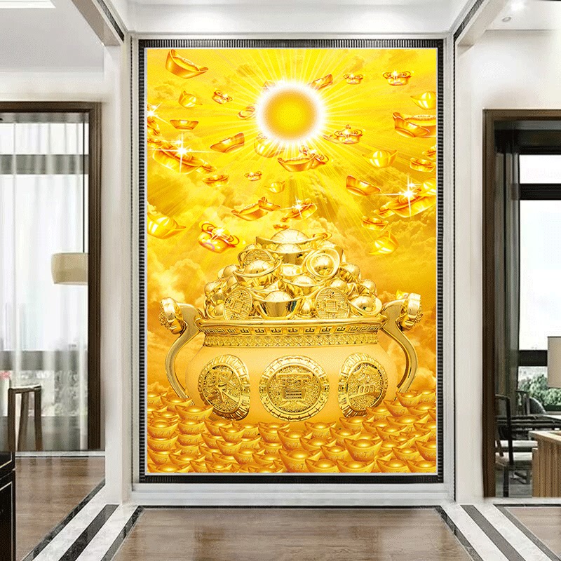 金元宝聚宝盆黄金满地挂画开业大吉餐厅玄关进门处风水画自粘贴画