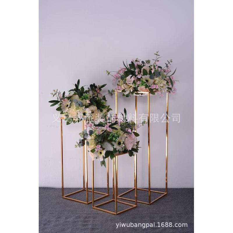 花架婚礼道具金色方框铁艺架子长方体婚庆摆件t台布置几何路引