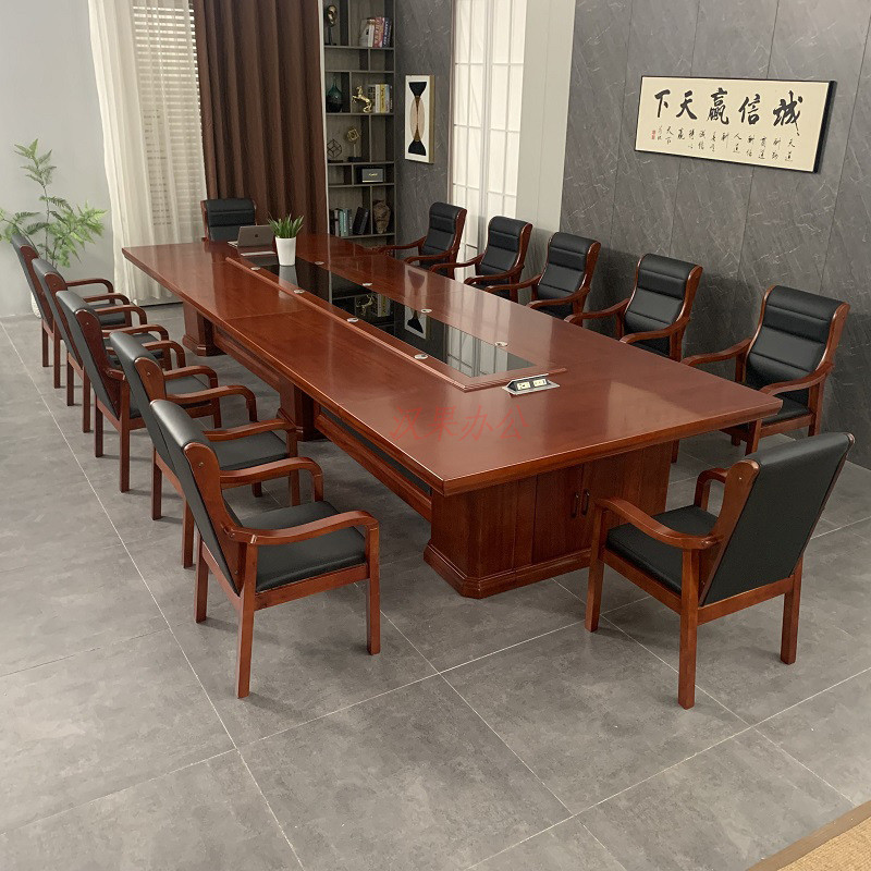 大型会议桌长桌简约现代多媒体开会桌玻璃款洽谈桌会议室桌椅组合图片