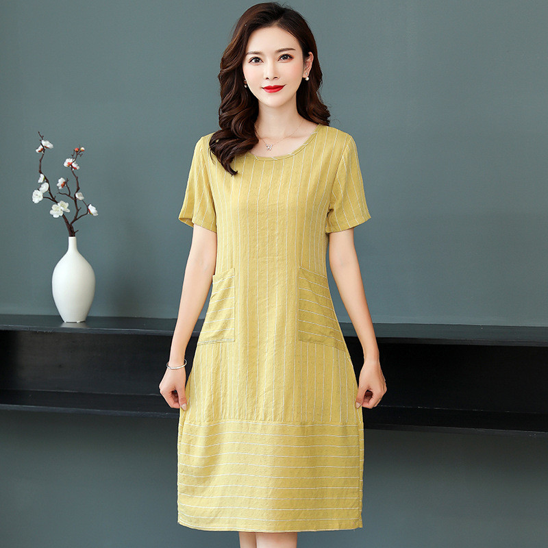 新品棉麻条纹短袖连衣裙女2025新款中老年女装夏装40岁50妈妈裙子