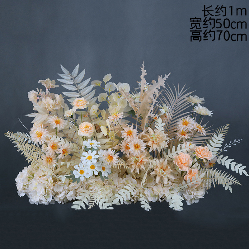 场景婚庆路引花地排花背景舞台迎宾区长排花婚礼香槟色装饰花假花