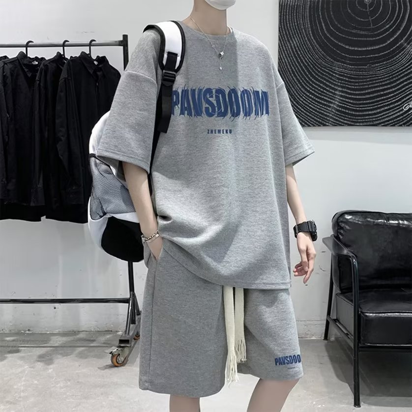 华夫格短袖套装男潮牌夏季宽松休闲五分短裤男装运动搭配一套帅气