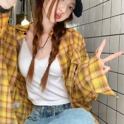 港风复古黄色格子衬衫女夏季防晒慵懒风宽松休闲衬衣薄款外套上衣