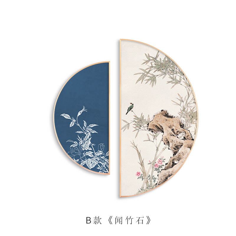 百花晴 新中式玄关装饰画禅意花鸟半圆形日式原木风挂画创意壁画图片