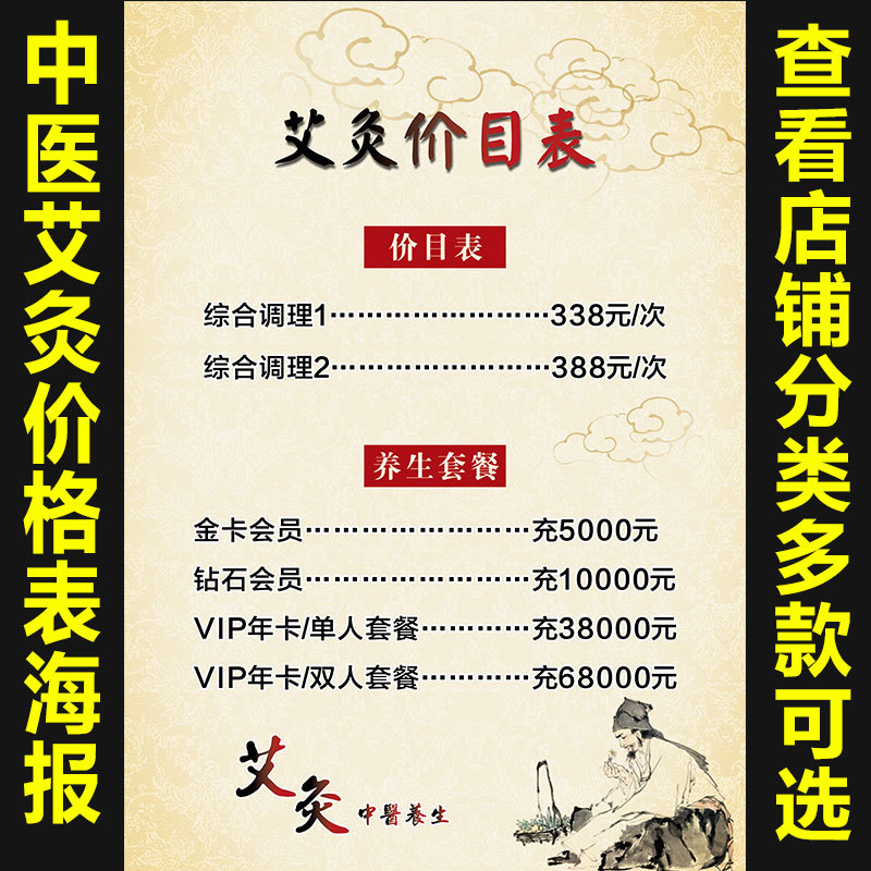 中医艾灸价格表 理疗价格表 宣传画海报画挂画价格表价目表820