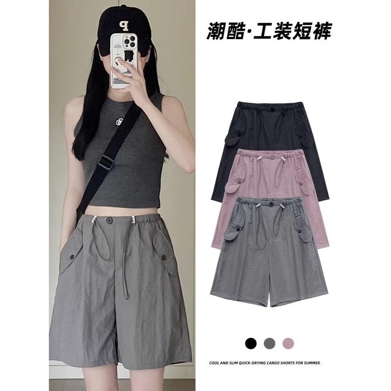夏季薄款工装短裤女宽松休闲大码阔腿裤速干运动美式五分一件代发