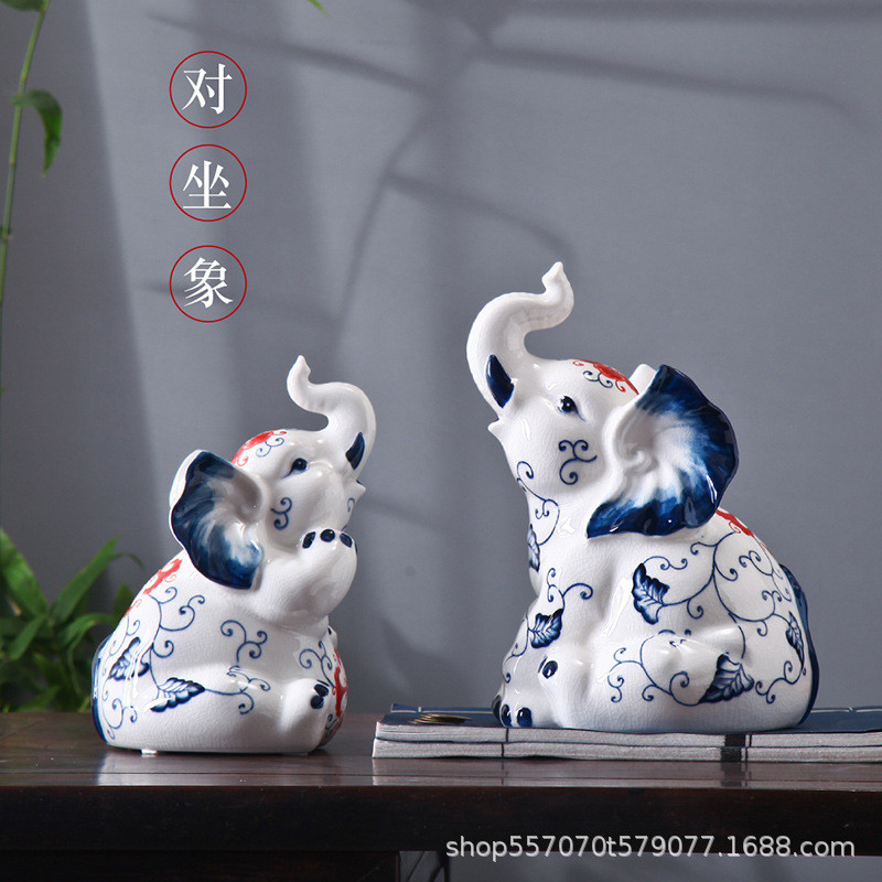 新中式陶瓷工艺品礼品摆件家居客厅电视柜青花瓷装饰品大象动物