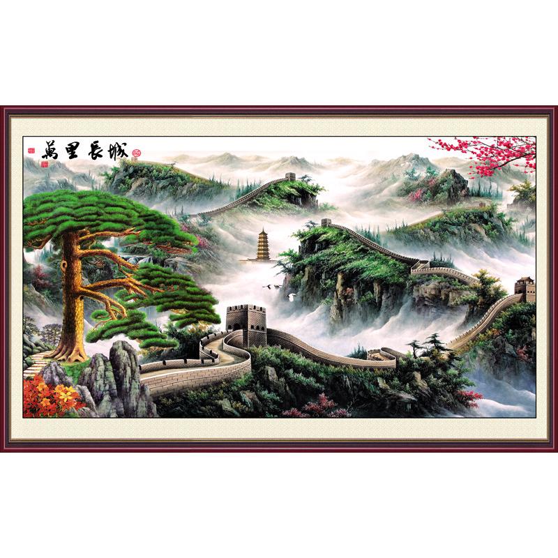 装饰画客厅沙发背景墙画无框画帆布画心芯山水国画横万里长城风景