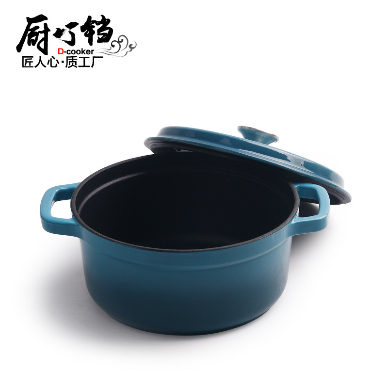 铸铁珐琅锅搪瓷汤锅厂家出品厚孔雀蓝火锅22cm铸铁深炖锅代发